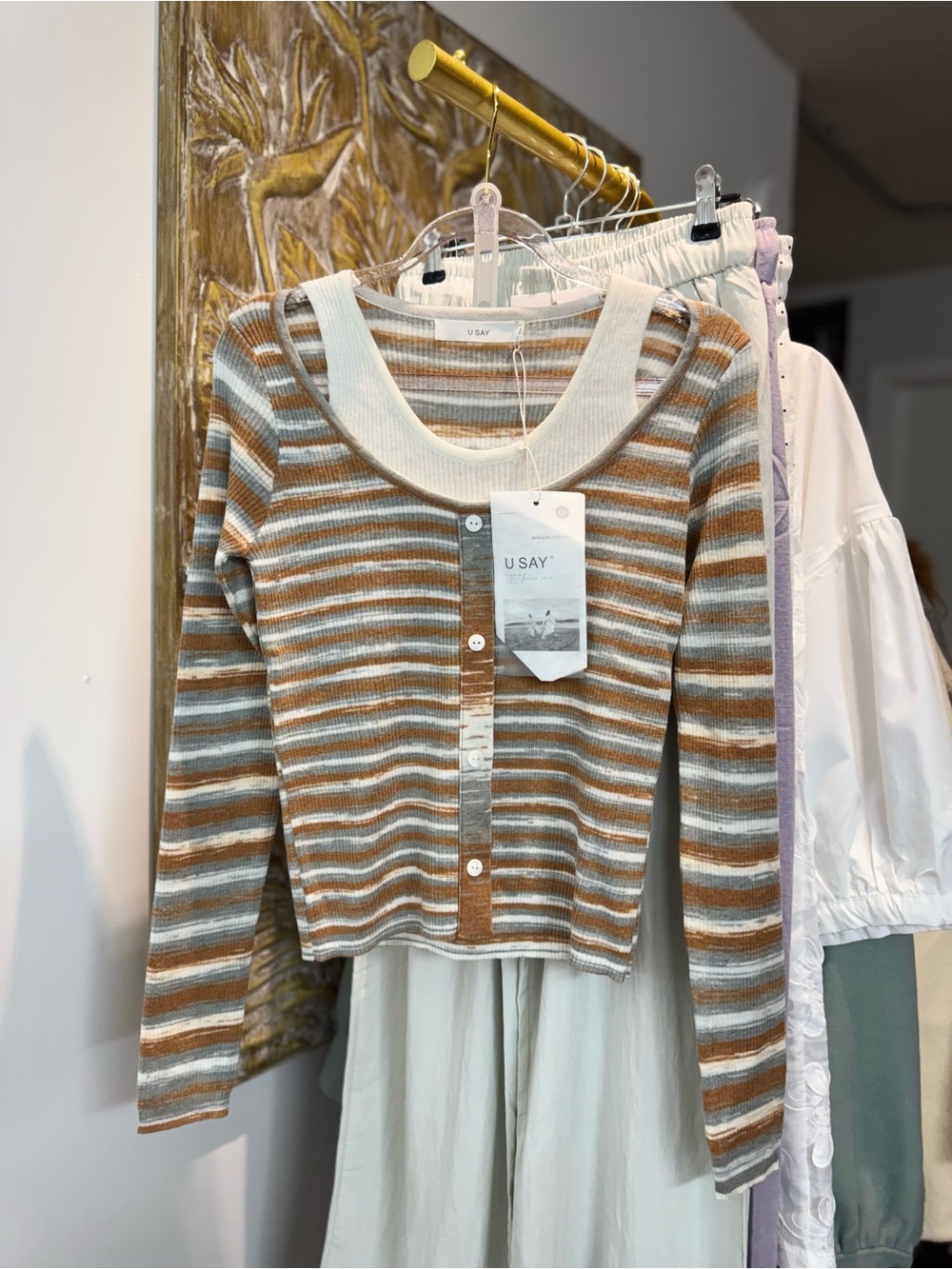 Women's Striped Button-Front Sweater - Tan & White